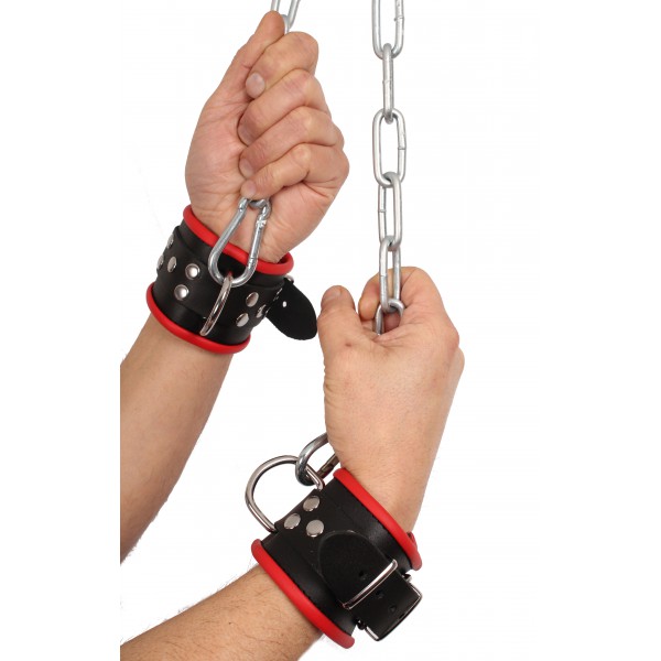 Leather handcuffs for wrists Black-Red