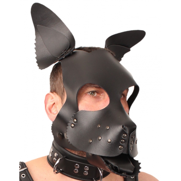 MASCHERA DA CUCCIOLO IN PELLE NERA + SET LINGUA E ORECCHIE NERE