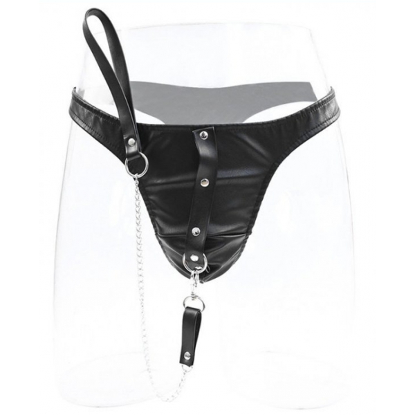 Thong in imitation leather with leash