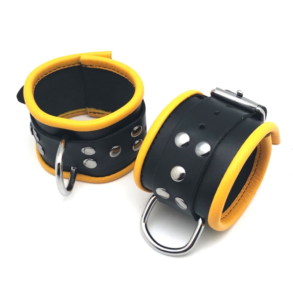 Leather handcuffs - Black/Yellow