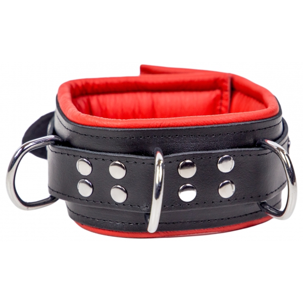 Padded leather collar with 3 D-rings Red