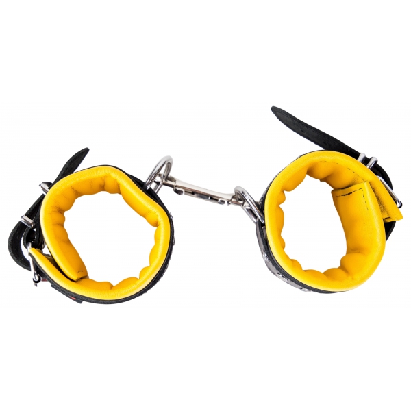 Padded Leather Ankle Cuffs Black-Yellow