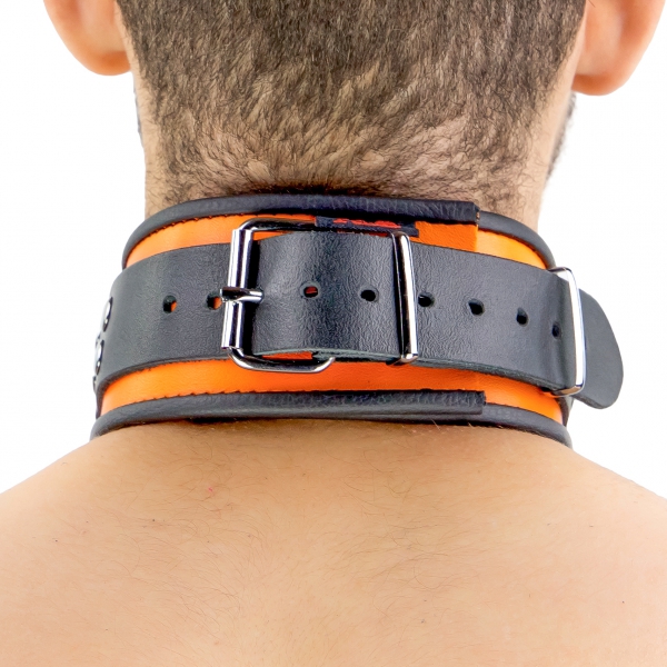 Leder Halskette 3 Ringe D Orange-Schwarz
