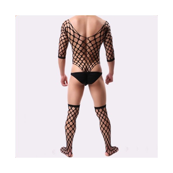 Black Elastic Fishnet One-piece Suit With Stockings