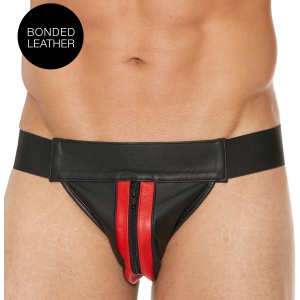 Ouch! Harness Perizoma con zip a righe sul davanti nero-rosso