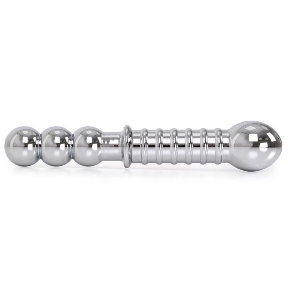 Dubbele dildo in geribbeld metaal 19 x 3,5 cm