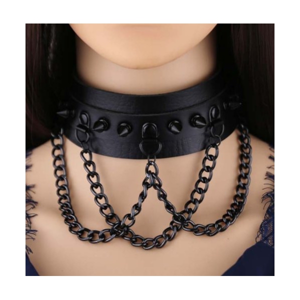 Spikes Collar With Black Chain BLACK