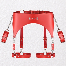 KinkHarness Red Suspender Belt and Handcuffs