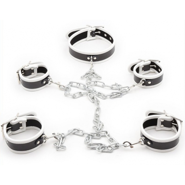 Restraint PU Leather Hands Cuffs Neck Collar Set WHITE