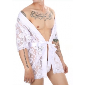 NoGenderWear Sexy Tranparent Lace Night Robe For Men WHITE