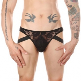 Low-waist See-through Lace Men Sexy Panty BLACK