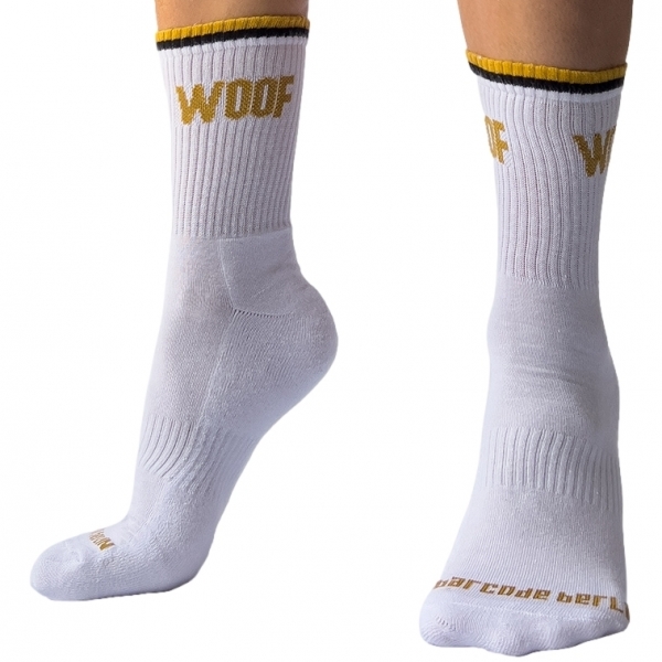 Weiße Socken Woof Barcode