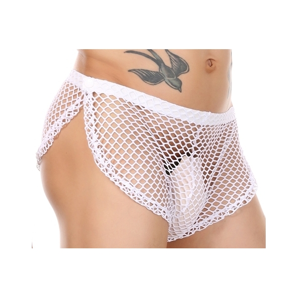 Men Side Slit Big Fishnet Boxers Sexy Nightwear WHITE