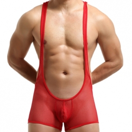 Hot Selling Pure Mesh Boxers Bodysuit RED