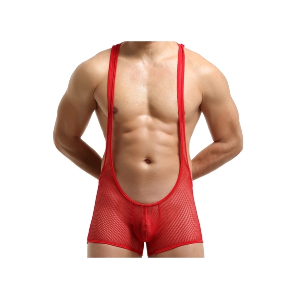 Hot Selling Pure Mesh Boxers Bodysuit RED