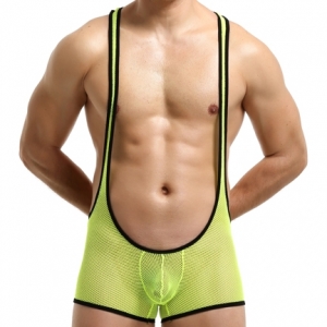 MenSexyWear Hot Selling Pure Mesh Boxers Bodysuit GREEN