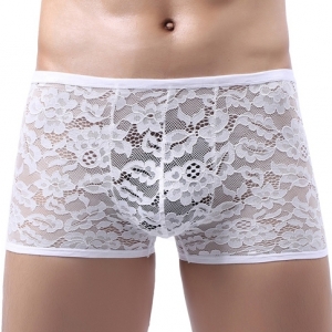 NoGenderWear Attractive Lace Gay Low-waist Boxers Men Shorts WHITE