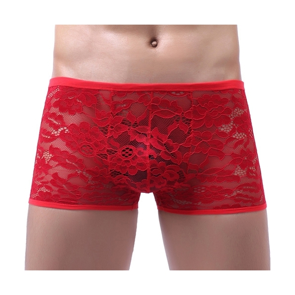 Attractive Lace Gay Low-waist Boxers Men Shorts RED