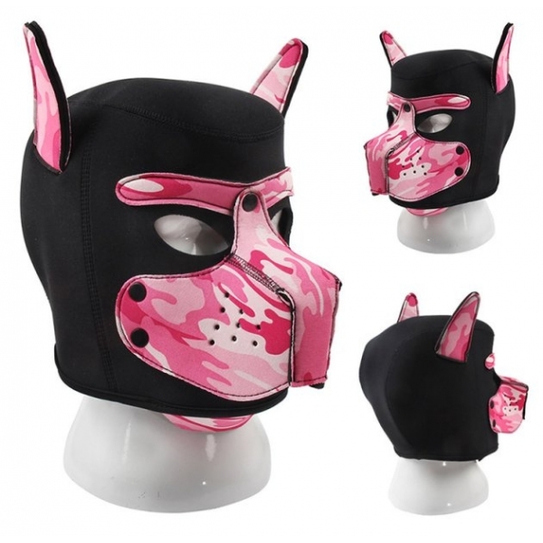 Cucciolo di cane in neoprene con maschera nera e rosa mimetica