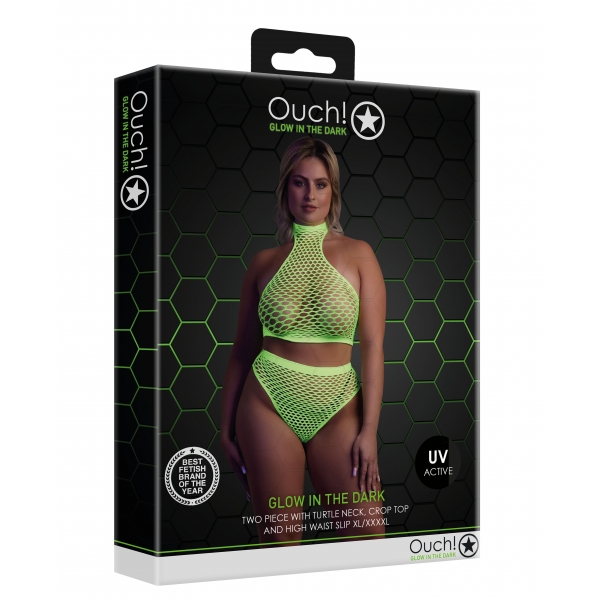 Conjunto de corpete e cueca em malha verde fluorescente