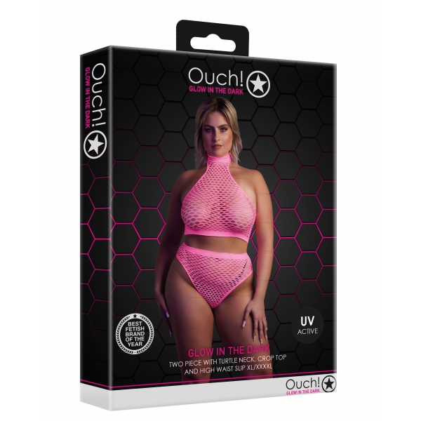 Set aus Bustier und Netzhöschen in Neonpink