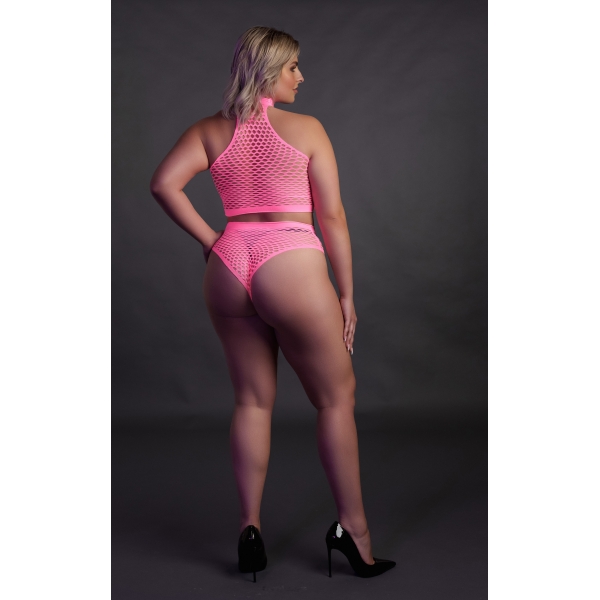 Set aus Bustier und Netzhöschen in Neonpink