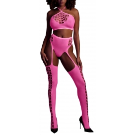Fluorescent Pink 2-Piece Bustier and Suspender Belt Set