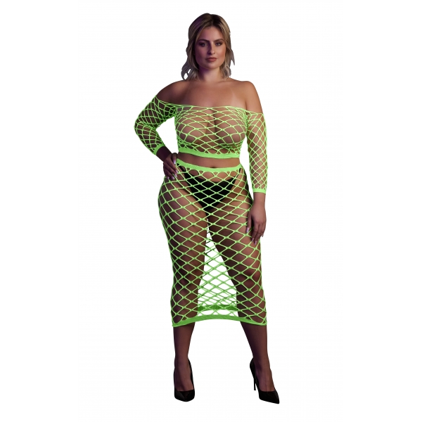 Corpete verde fluorescente e vestido de rede sem ombros
