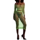 Fluorescent green bustier and off-the-shoulder net dress