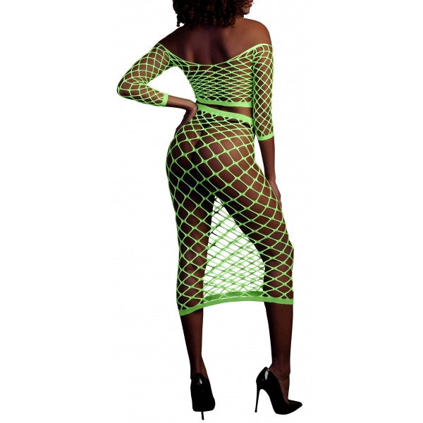 Fluorescent green bustier and off-the-shoulder net dress