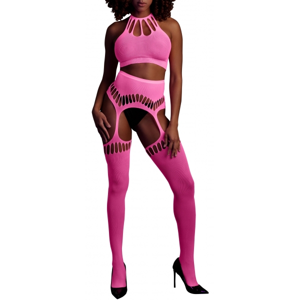 Fluorescent pink 2-piece halter top and garter belt set