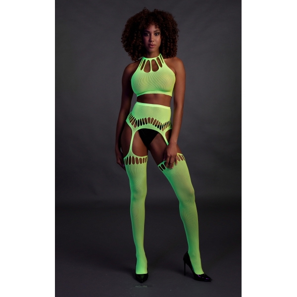 Set verde fluorescente di 2 pezzi con bustier e cintura per reggiseno