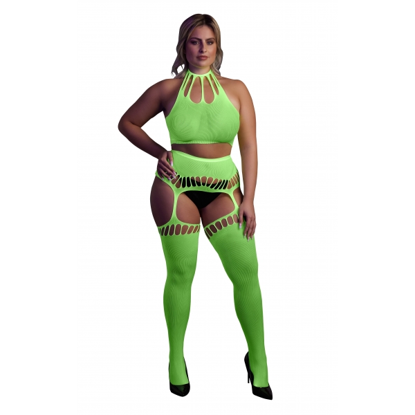 Fluorescerend Groen 2-delig Halter Bustier en Jarretel Gordel Set