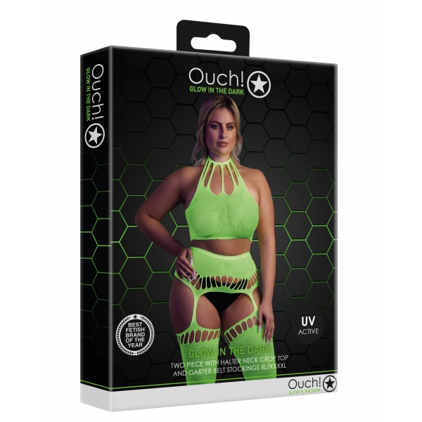 Fluorescerend Groen 2-delig Halter Bustier en Jarretel Gordel Set