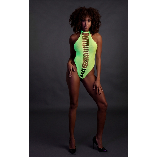 Fluorescent green open crotch bodysuit with bare back