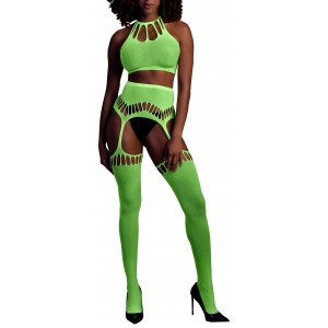 Ouch! Glow Fluorescerend Groen 2-delig Halter Bustier en Jarretel Gordel Set