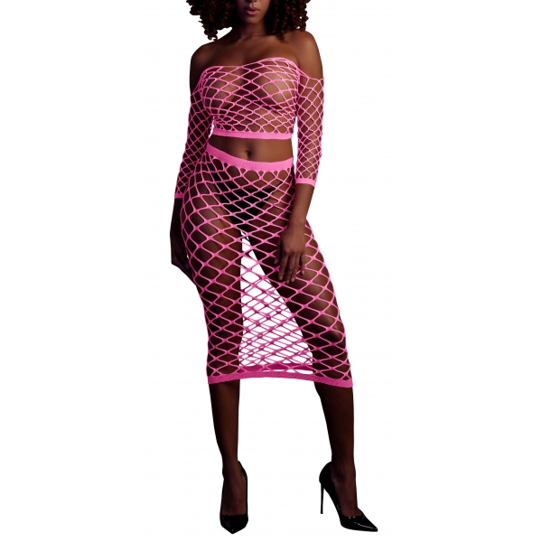 Fluorescent pink bustier and off-the-shoulder net dress