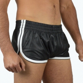MenSexyWear Sports Line Lederimitat-Shorts Schwarz-Weiß