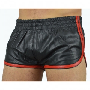 MenSexyWear Pantaloncini in finta pelle nero-rossa della linea Sports