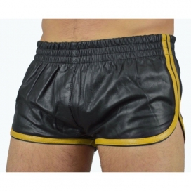 MenSexyWear Sports Line zwart-gele short van imitatieleer