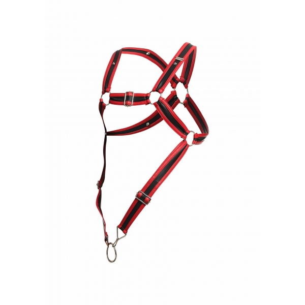 Dngeon Cross Cockring Harness Preto-Vermelho