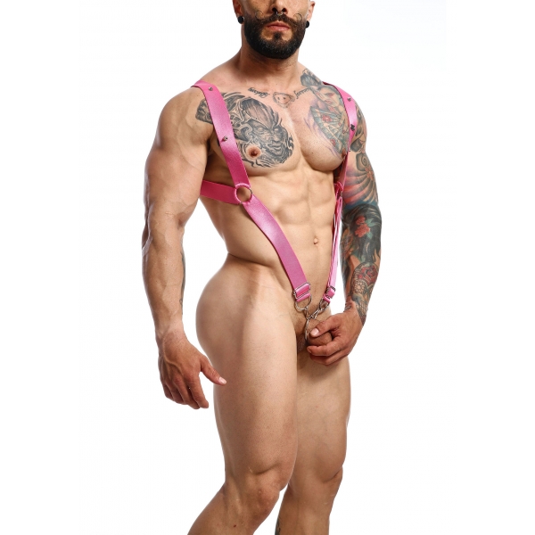 Pink Straight Back Cockring and Elastic Harness