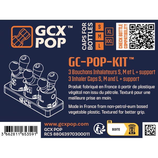 Kit de 3 tapones de inhalación + soporte GC-POP™ S/M/L