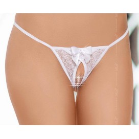 White string thong with bow - Open on the crotch